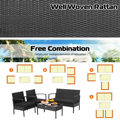 4 Pieces Patio Rattan Furniture Set with Cushion- DirectDeals- {{Product type}}