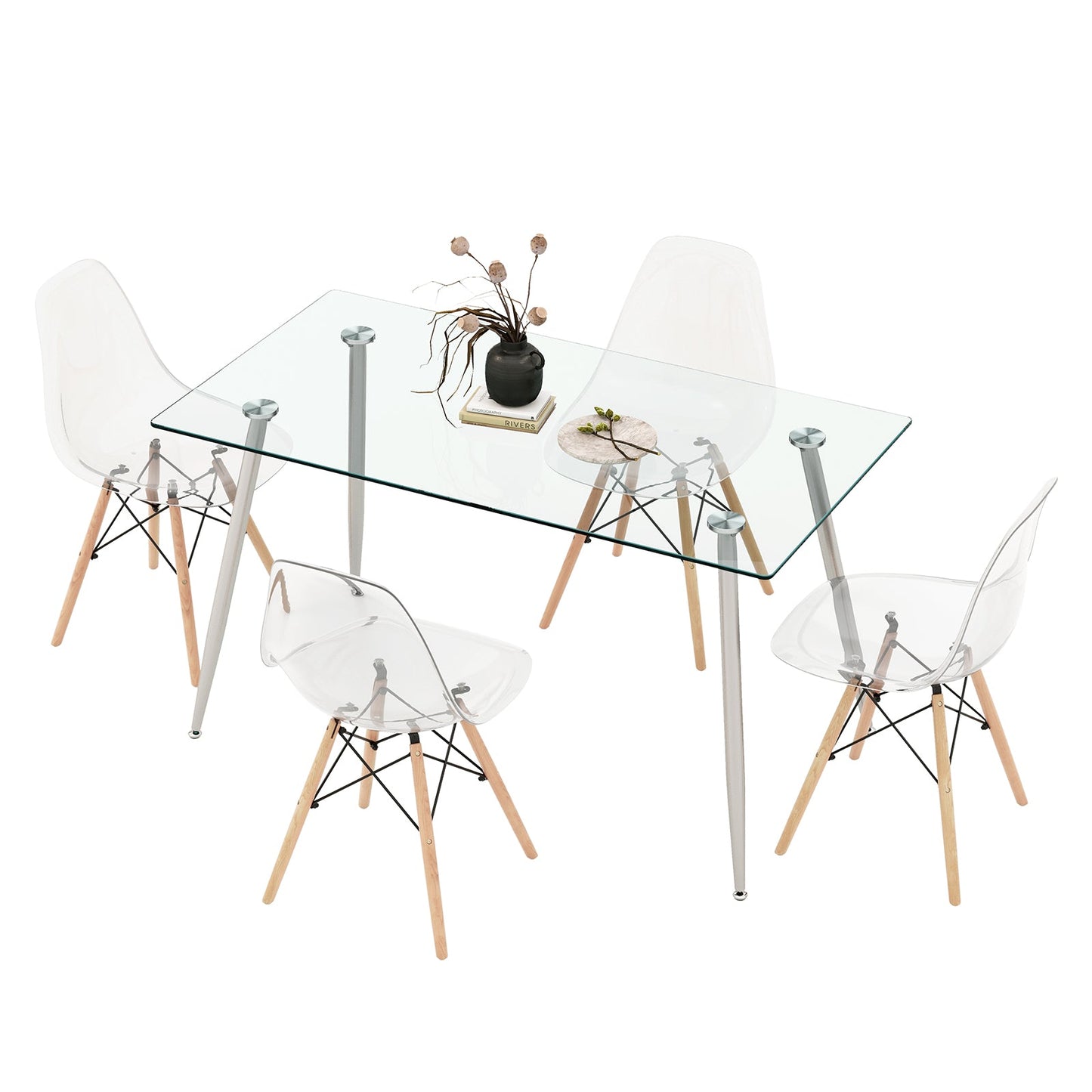 5 Pieces Rectangle Dining Table Set with 51 Inch Glass Tabletop - Gray -