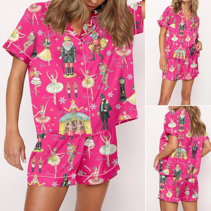 Nutcracker Ballet Christmas Satin Pajama Set For Women Print Comfy Satin Sleepwear & Loungewear Pjs Printing Silky Top & Bottoms - Short Misty Ros -