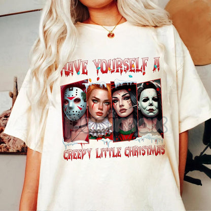 Merry Creepmas T-Shirt - Christmas Halloween Movies Characters Tee, Chibi Movie Characters Shirt - Natural 4 - T-Shirt