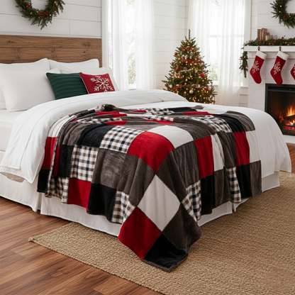 Tache Brown Red Sunset Maple Farmhouse Plaid Patchwork Throw Blanket (4025) - - Blanket