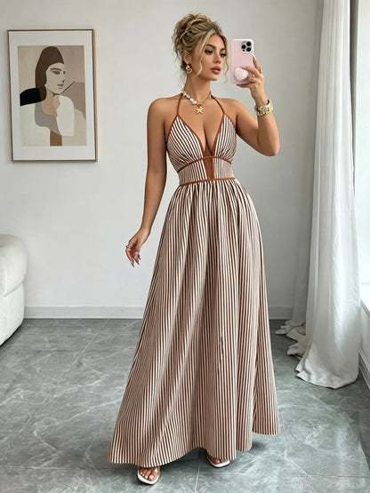 Striped Halter Neck Maxi Dress - Khaki -