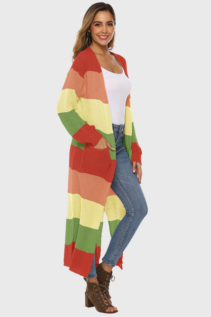 Color Block Long Sleeve Pocketed Cardigan - -