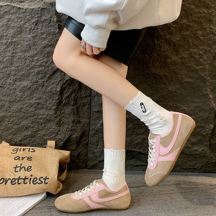 Women's Contrast Panel Suede Retro Sneakers - Pink - Footwear