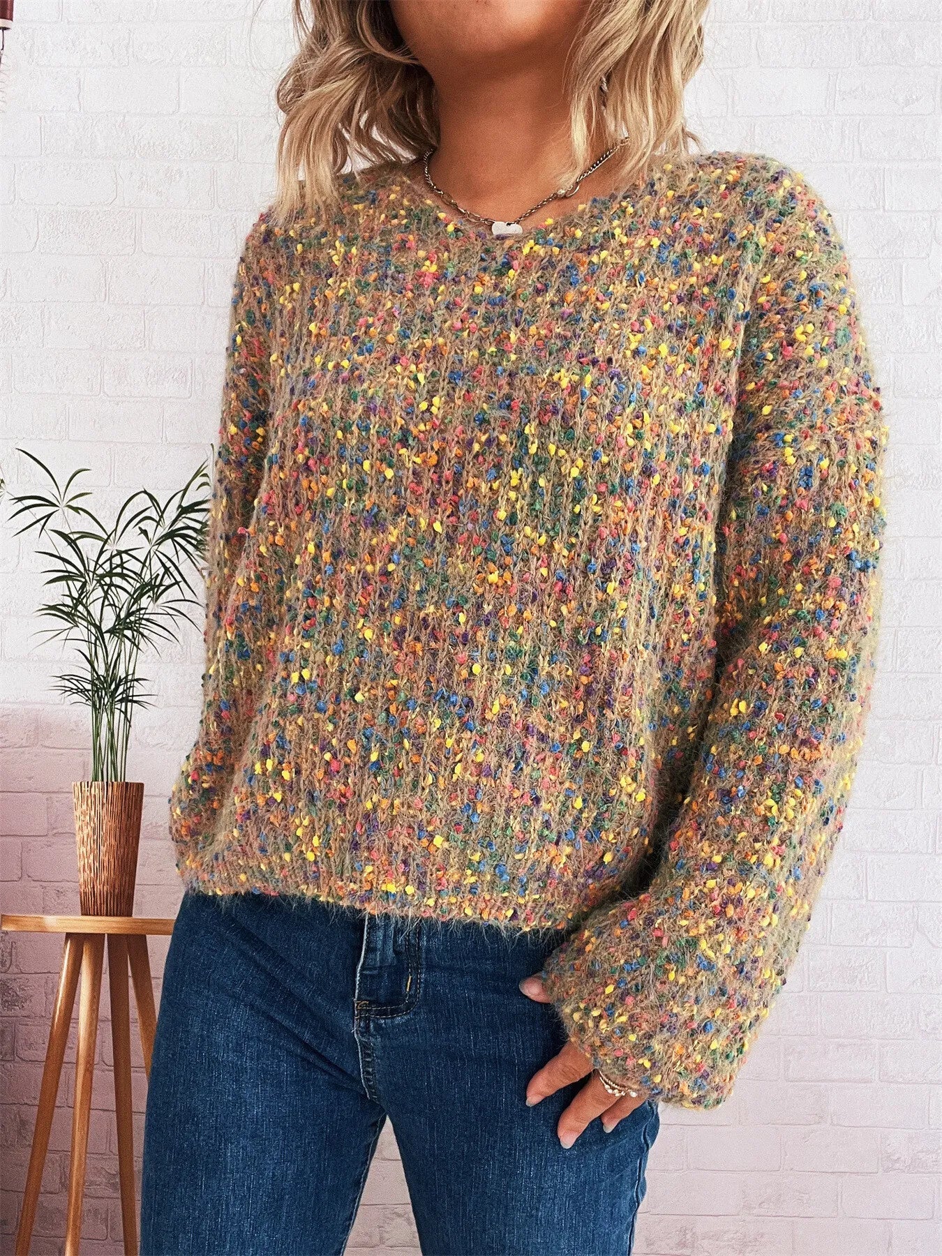 Colorful Long Sleeve Sweater - Khaki One Size -