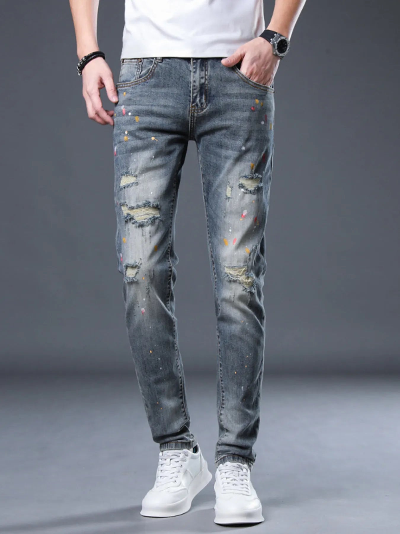 Men's Distressed Slim Fit Jeans - -