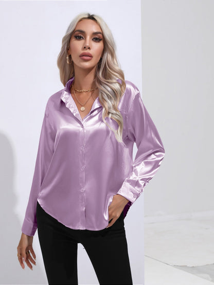 Collared Neck Buttoned Long Sleeve Shirt - Pink Purple -