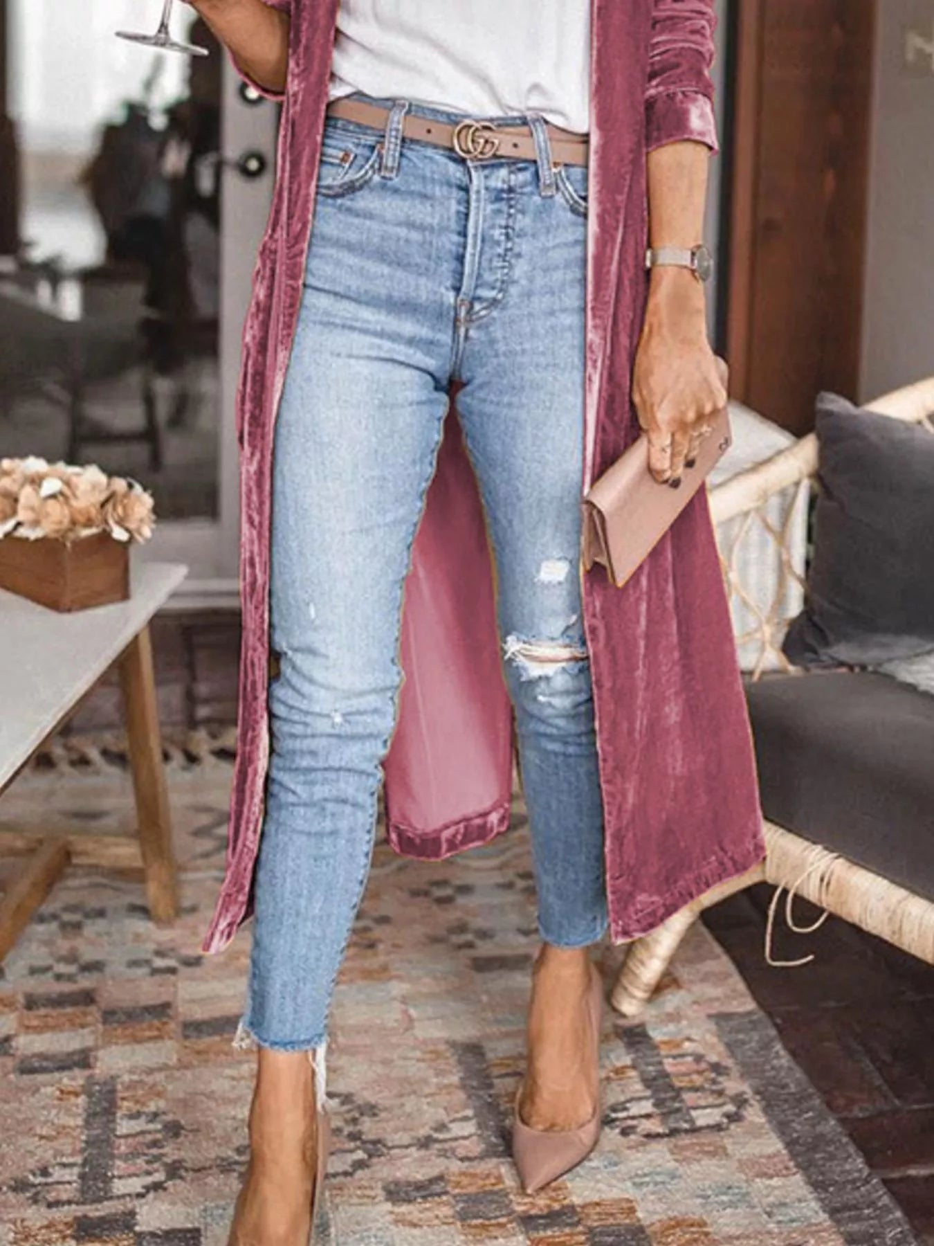 Open Front Long Sleeve Longline Cardigan - -