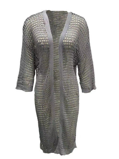 Hollow Knitted Long Cardigan Women - Gray - 0