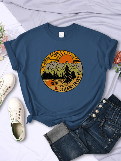 I'm Hiding From Stupid People Camping Scenery Women's Tops Hip-hop Fashion Street See size chart under “more details” - Haze Blue - Tops