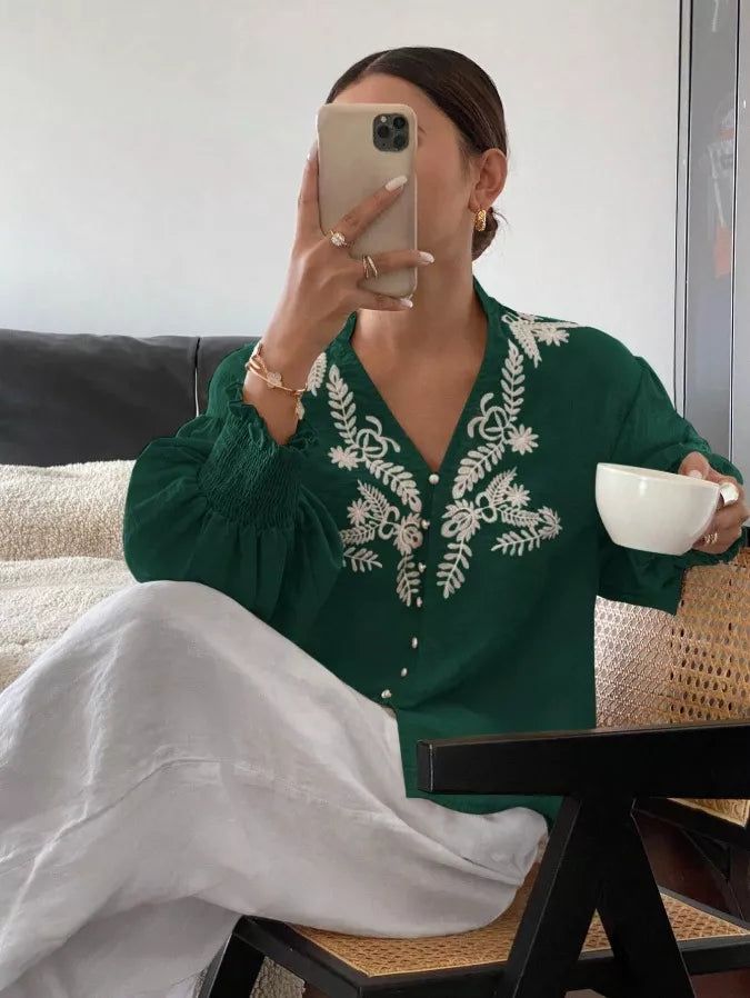 Embroidered Notched Long Sleeve Blouse - -