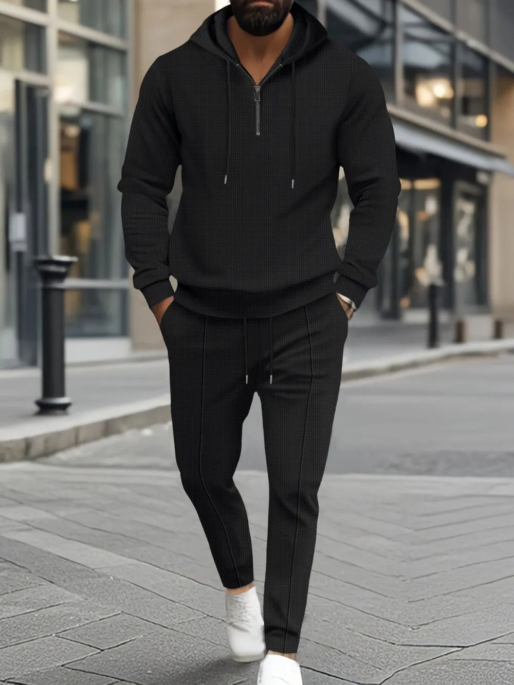 Men's Full Size Waffle-Knit Half Zipper Hoodie and Pants Set Plus Size - Black -