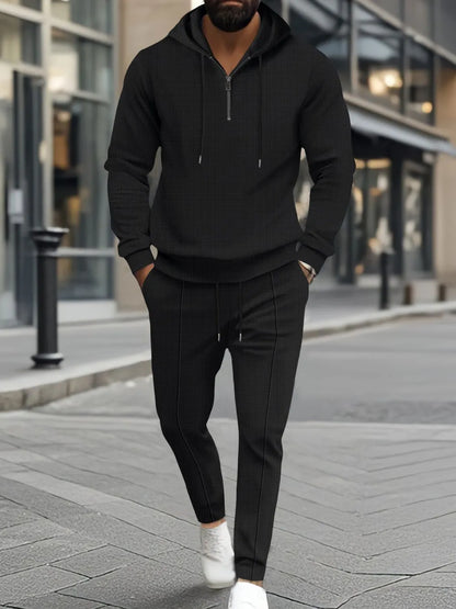 Men's Full Size Waffle-Knit Half Zipper Hoodie and Pants Set Plus Size - Black -
