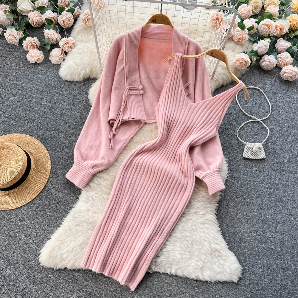 Knitting Suit Women's Short Sweater Shawl Coat+suspender Dress Two-Piece Set