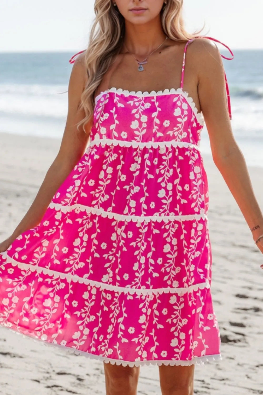 Floral Print Ric Rac Patched Sleeveless Mini Dress - Hot Pink -