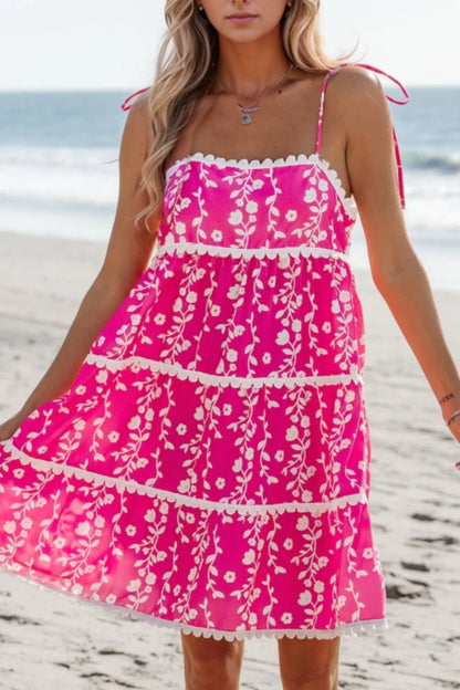 Floral Print Ric Rac Patched Sleeveless Mini Dress - Hot Pink -