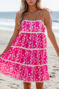 Floral Print Ric Rac Patched Sleeveless Mini Dress - Hot Pink -