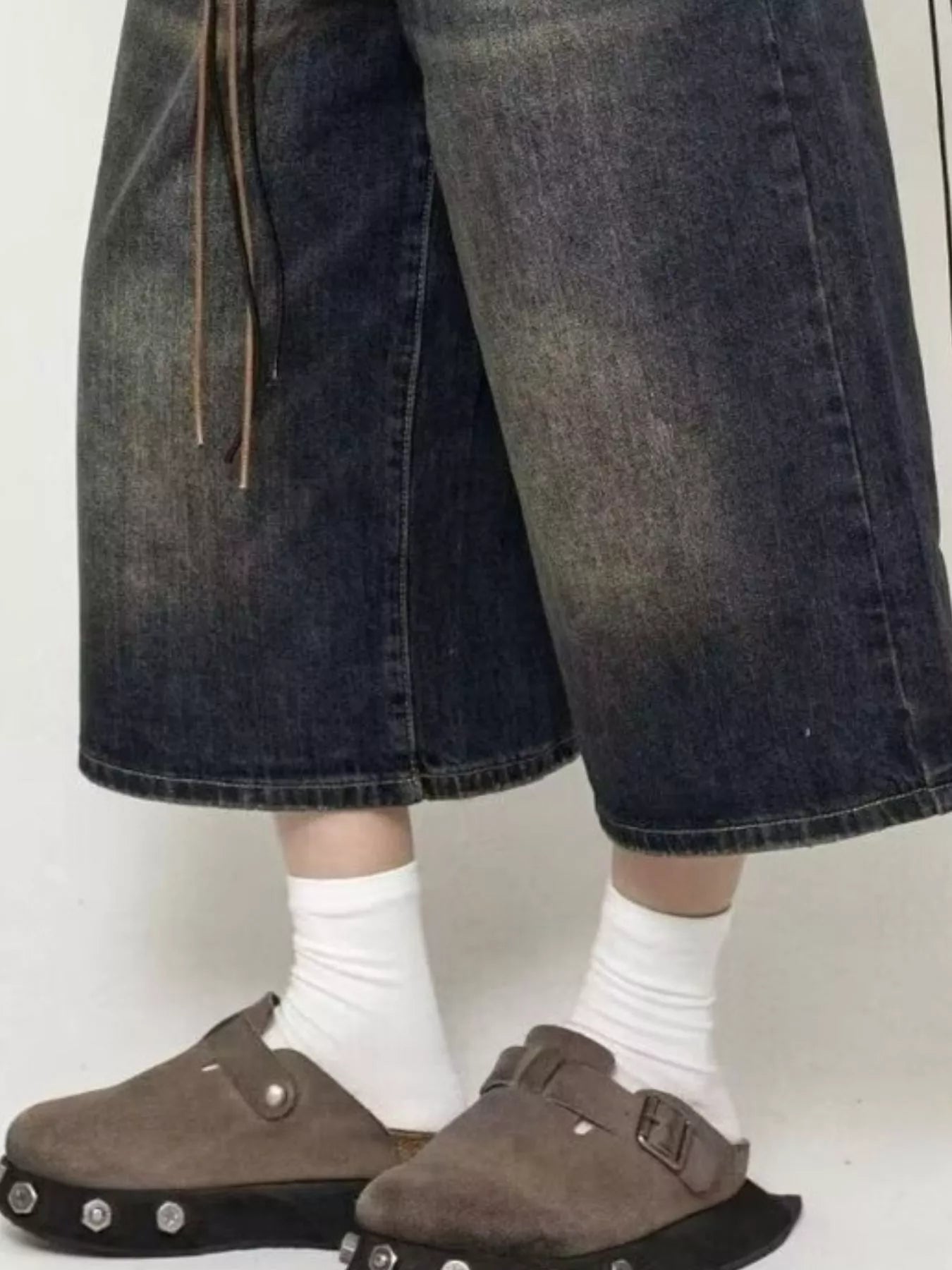 Men's Full Size Wide Leg Washed Denim Capris Plus Size - -