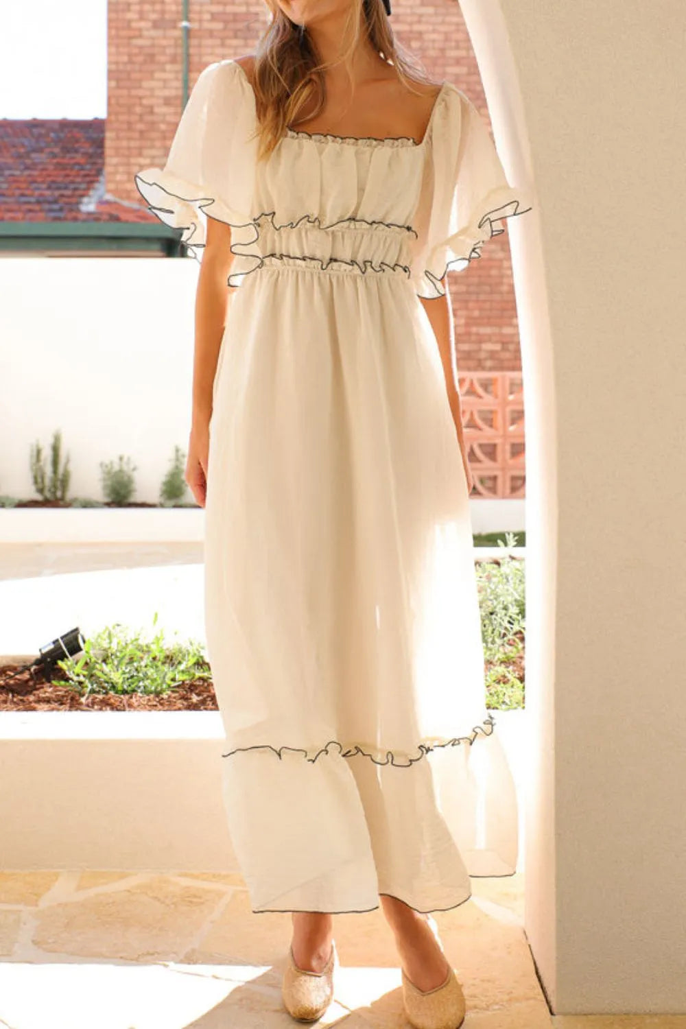 Square Neck Short Sleeve Midi Dress - -