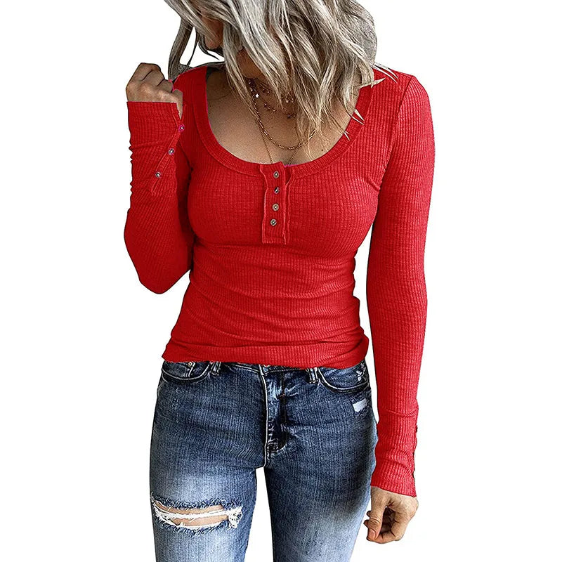 Casual Knit Button Long Sleeve Ladies T Shirt