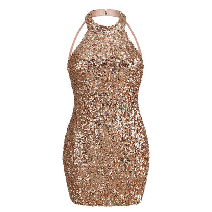 Backless Halter Sequined Mini Skirt Party Dress - - dress