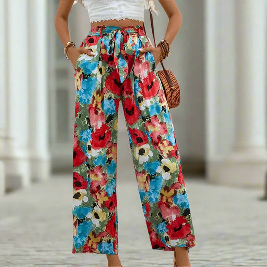 Bohemian Style Printed Lace Up Straight Leg Pants