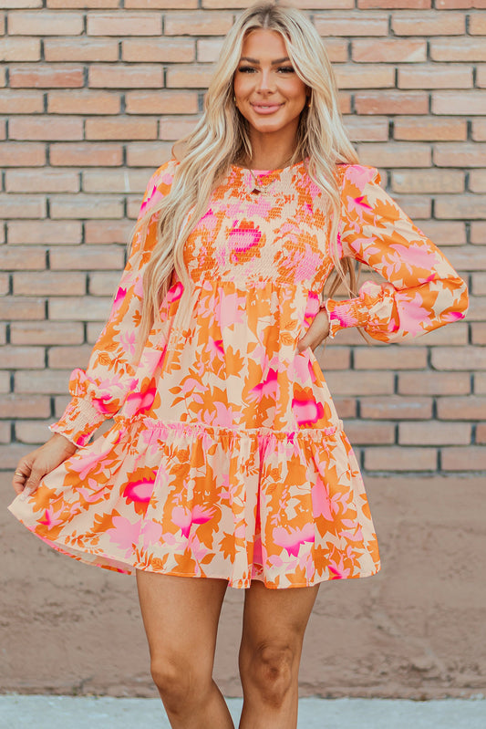 Orange Abstract Print Smocked Lantern Sleeve Ruffle Mini Dress - Orange 100%Polyester - Dresses/Mini Dresses