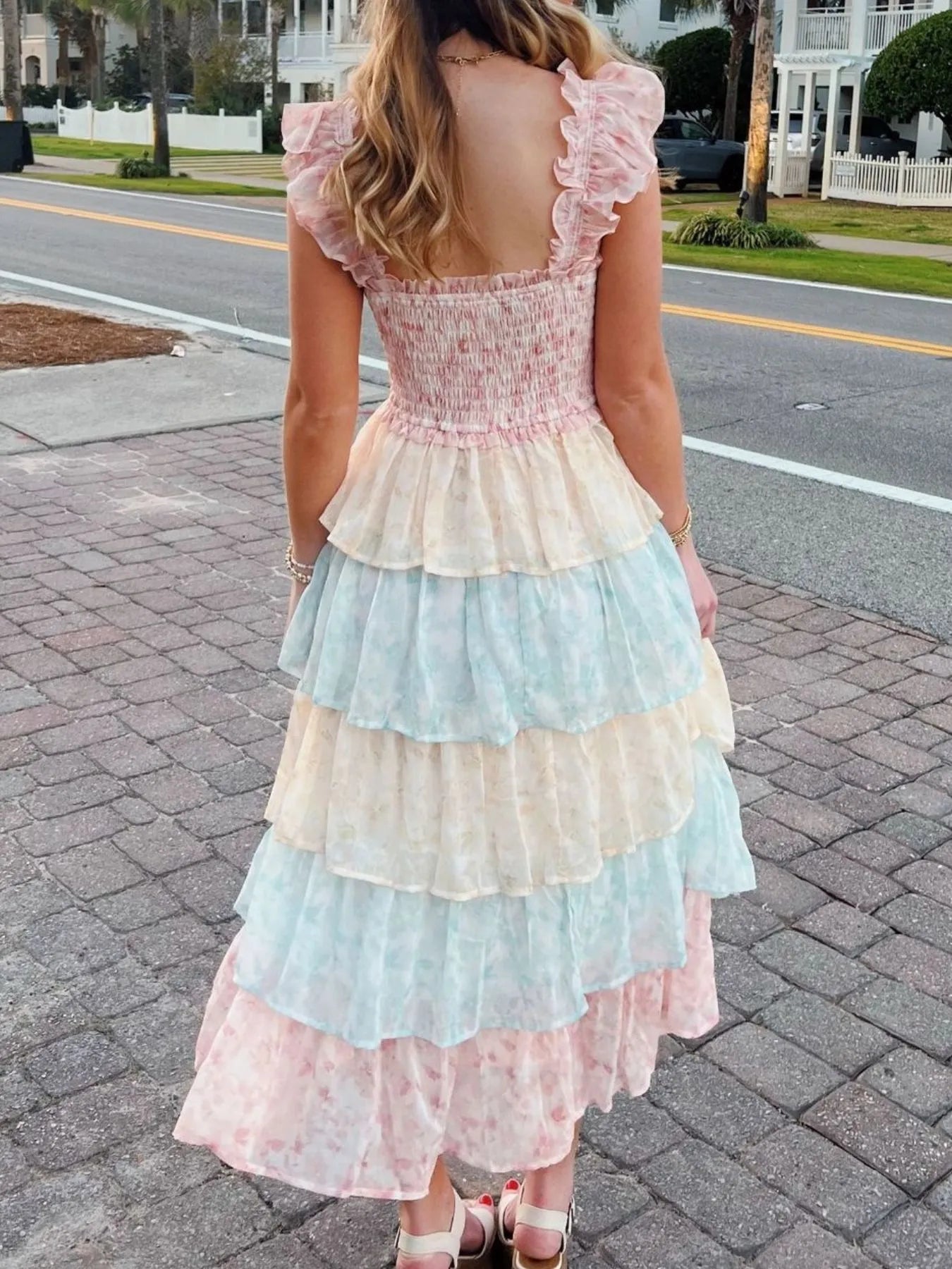 Smocked Ruffle Layered Floral Midi Dress - -