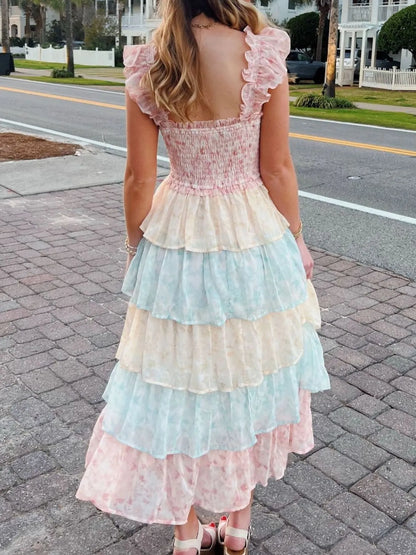 Smocked Ruffle Layered Floral Midi Dress - -