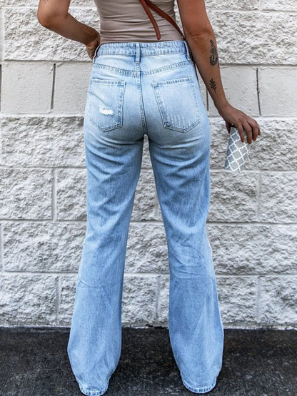 High Waist Distressed Jeans - -