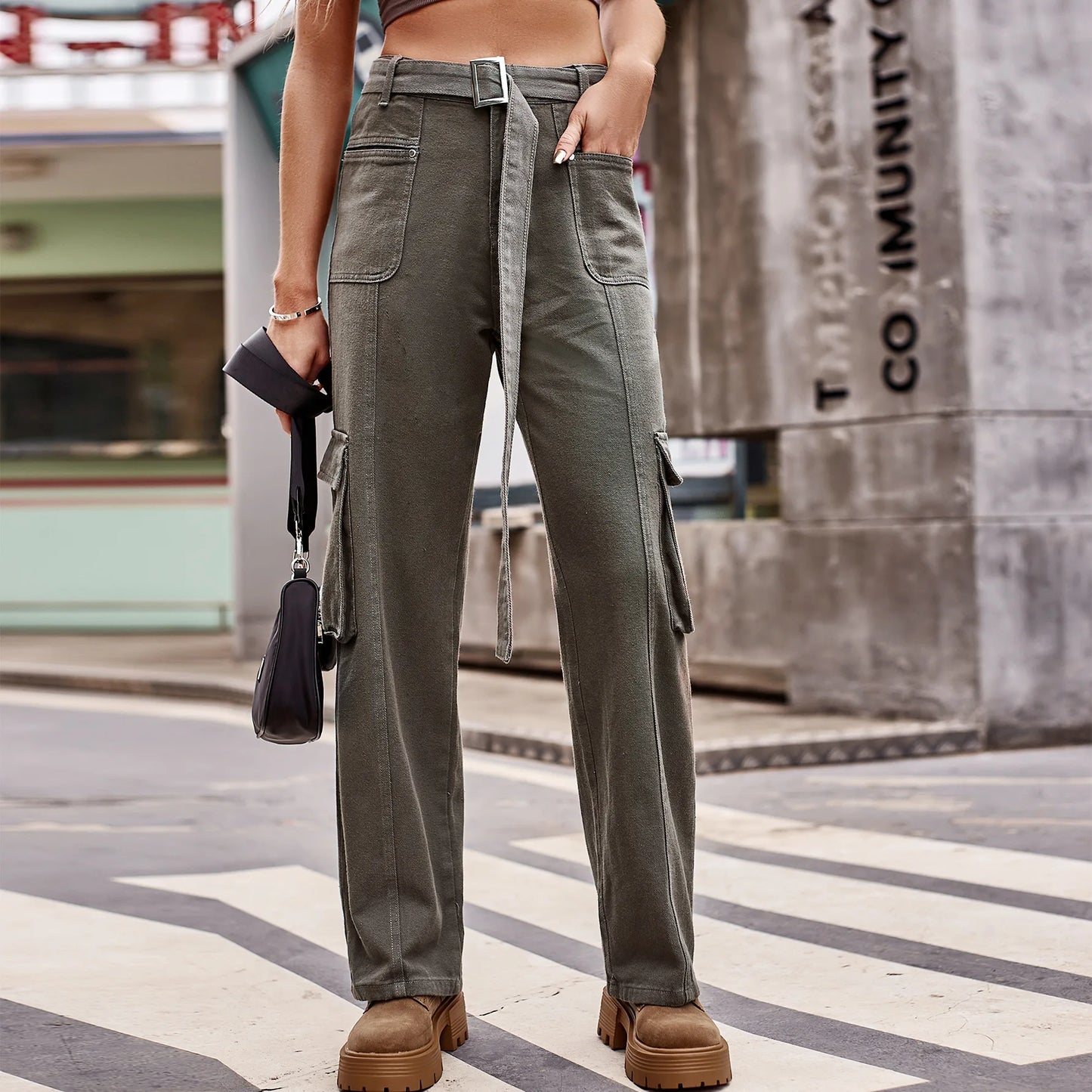 Denim Casual Pants Waist Band Loose Fit Multi-Pocket Wide Leg Pants