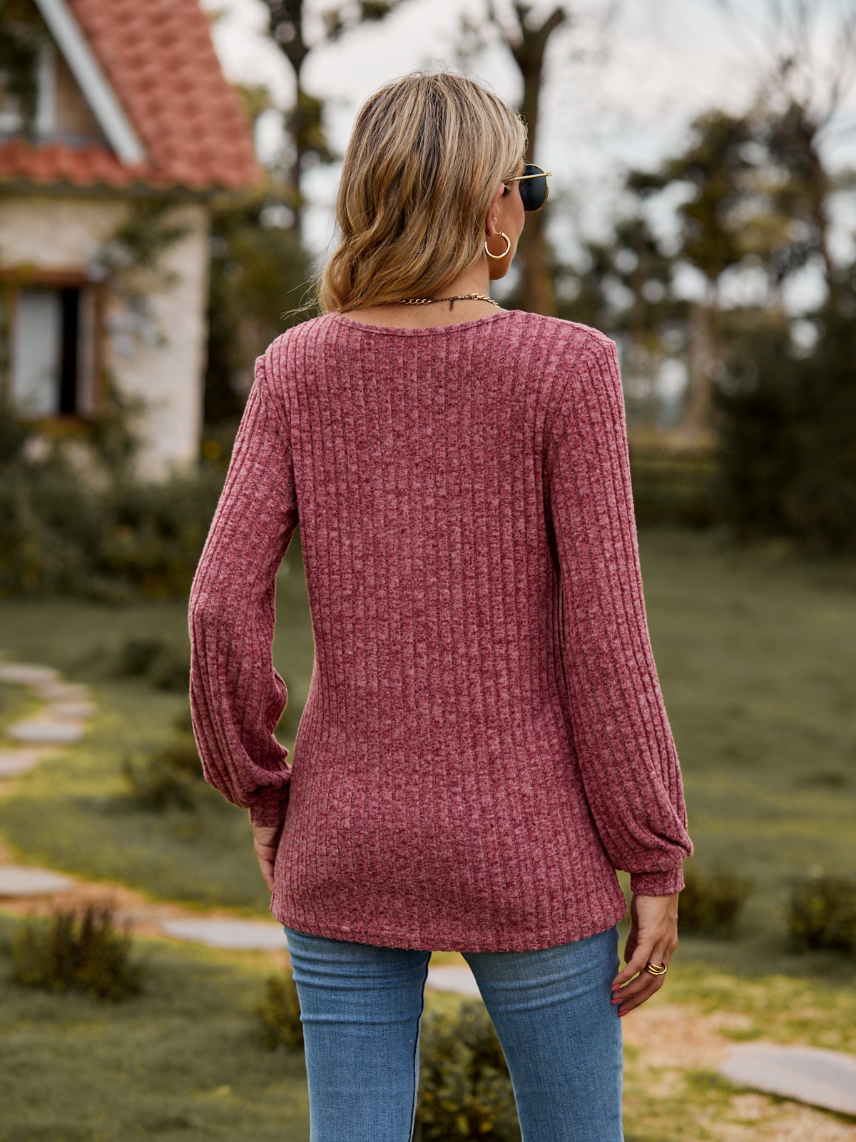 Round Neck Button-Down Long Sleeve Tee - -