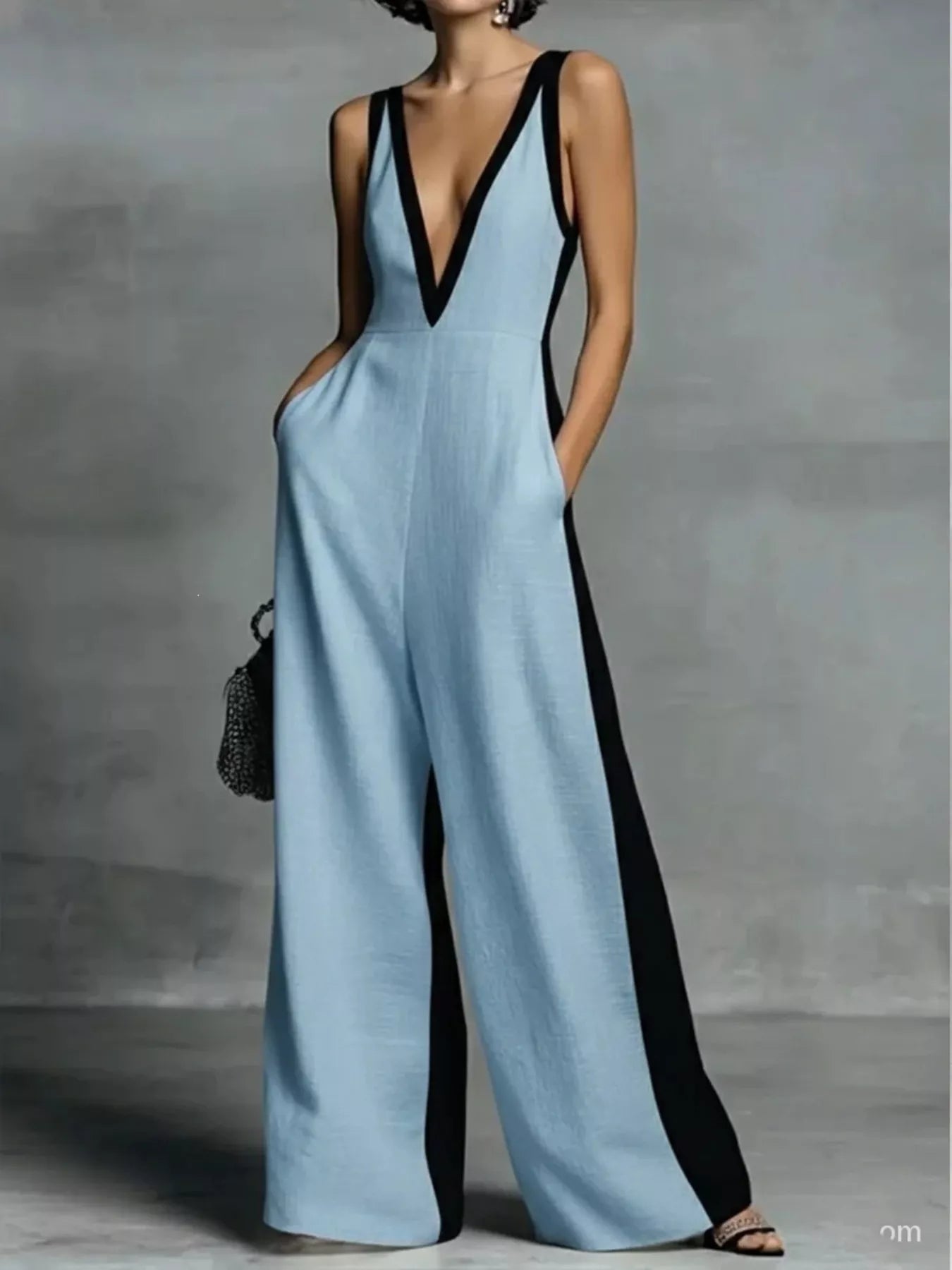Deep V-Neck Wide-Leg Jumpsuit - Light Blue -
