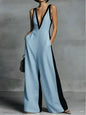 Deep V-Neck Wide-Leg Jumpsuit - Light Blue -