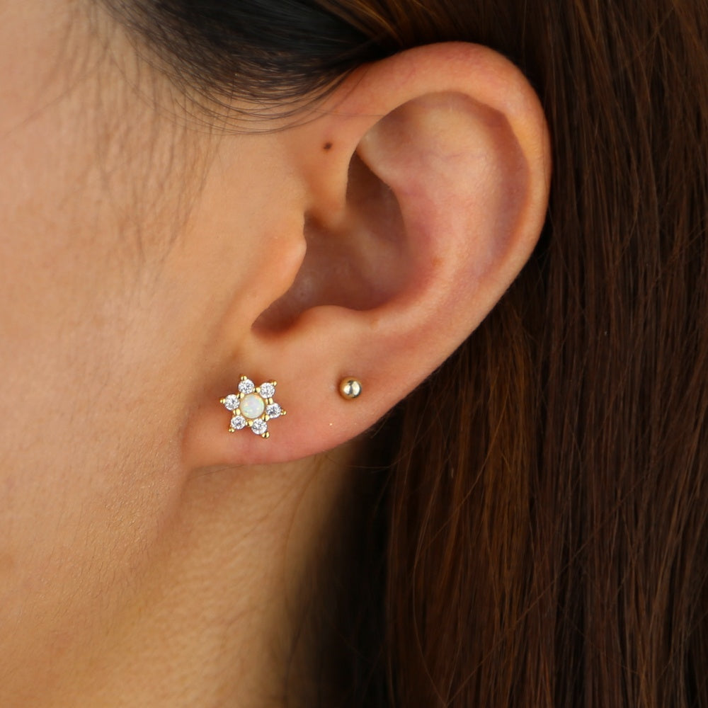 Gold Plated Micro Pave Cz White Fire Opal Daisy Flower Stud Earring