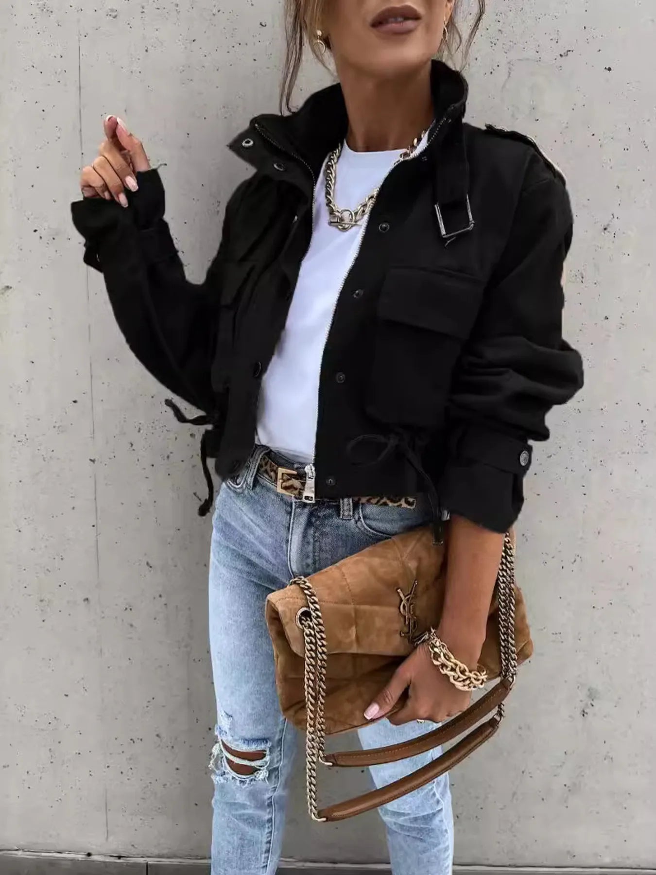 Snap Down Long Sleeve Jacket - -
