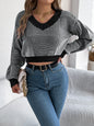 Striped V-Neck Long Sleeve Sweater - Black -