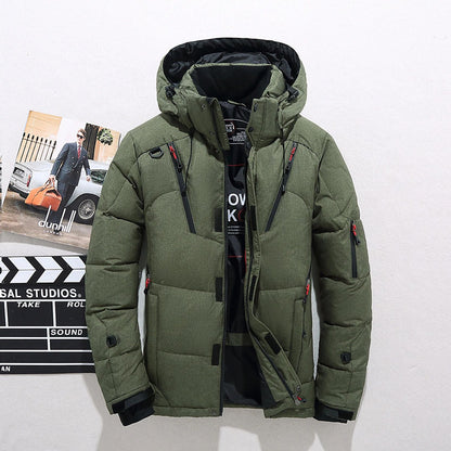 Mens Short Down Jacket with Hood - Green L - Coat