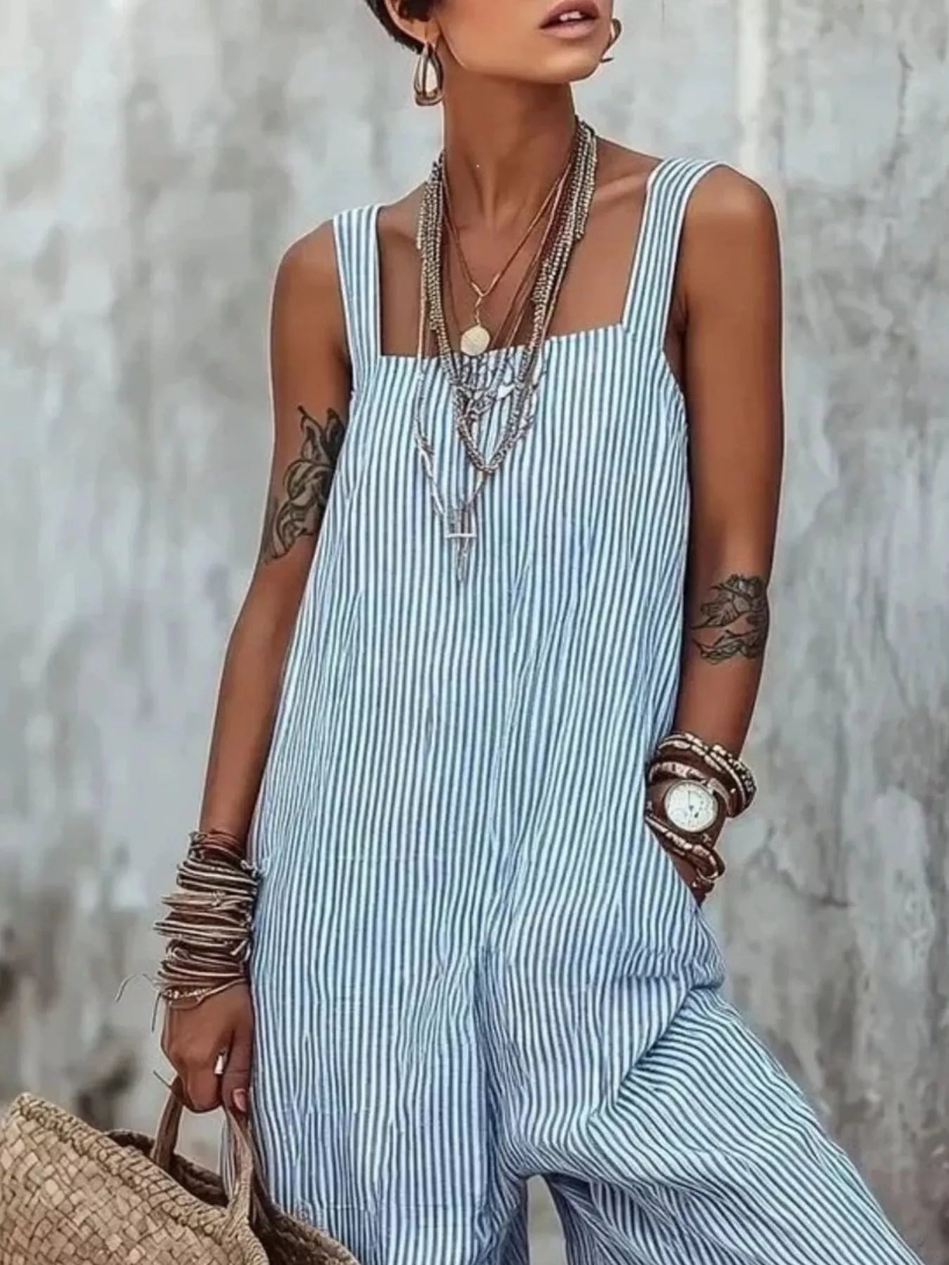 Full Size Striped Wide-Leg Jumpsuit Plus Size - -