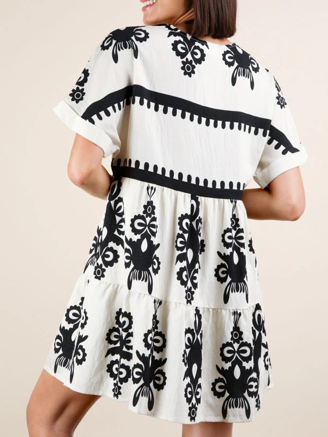 Printed V-Neck Short Sleeve Mini Dress - -