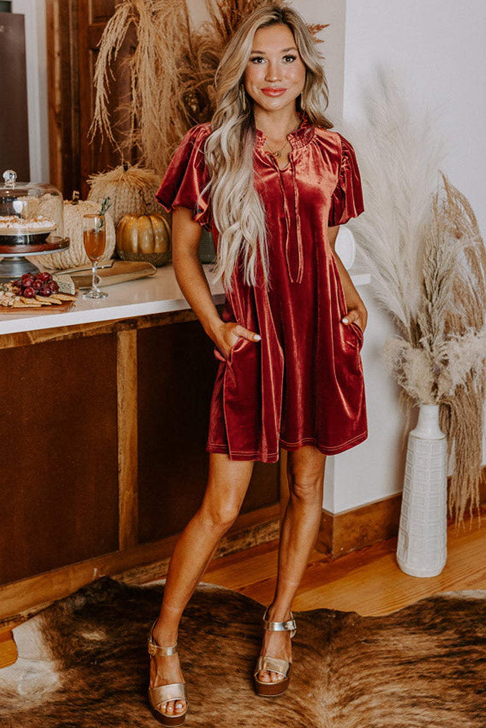 Cinnamon Velvet Smocked Neckline Puff Sleeve Shift Mini Dress - - Dresses/Mini Dresses