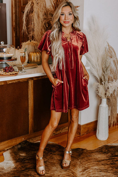 Cinnamon Velvet Smocked Neckline Puff Sleeve Shift Mini Dress - - Dresses/Mini Dresses