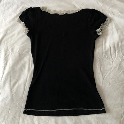 Women's Short Sleeve Lace T-Shirt – Black, Red & Plaid - - Tops