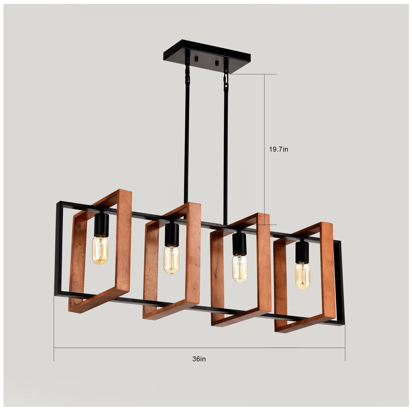 Rustic Wood And Black Metal 4-Light Kitchen Island Dining Room Light Fixture - - light