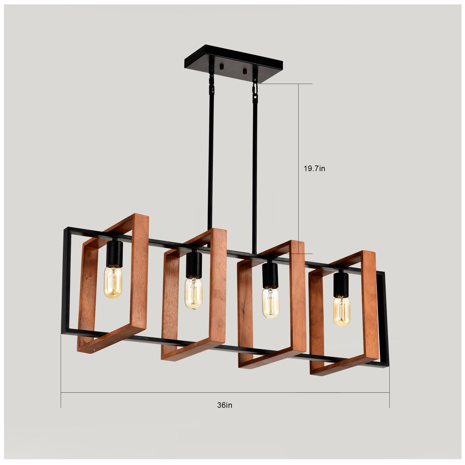Rustic Wood And Black Metal 4-Light Kitchen Island Dining Room Light Fixture - - light
