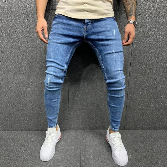 Men Denim Solid Color Outdoor Ripped Jeans Slim Pencil Long Pants