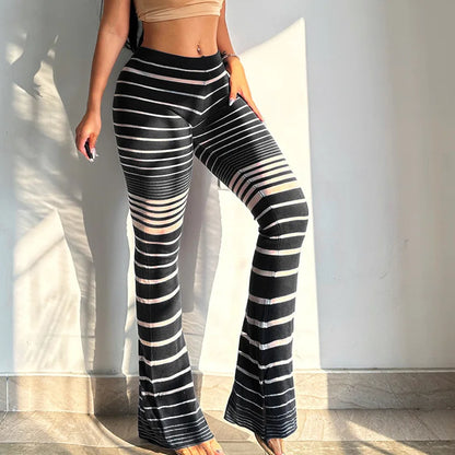 Color Block Ladies Striped Thin Semi-Transparent Split Leggings