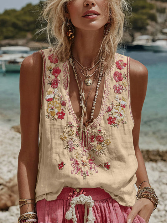 Women's Botanical Floral Print V-Neck Tank Top – 3D Digital Print - Khaki - casualwear