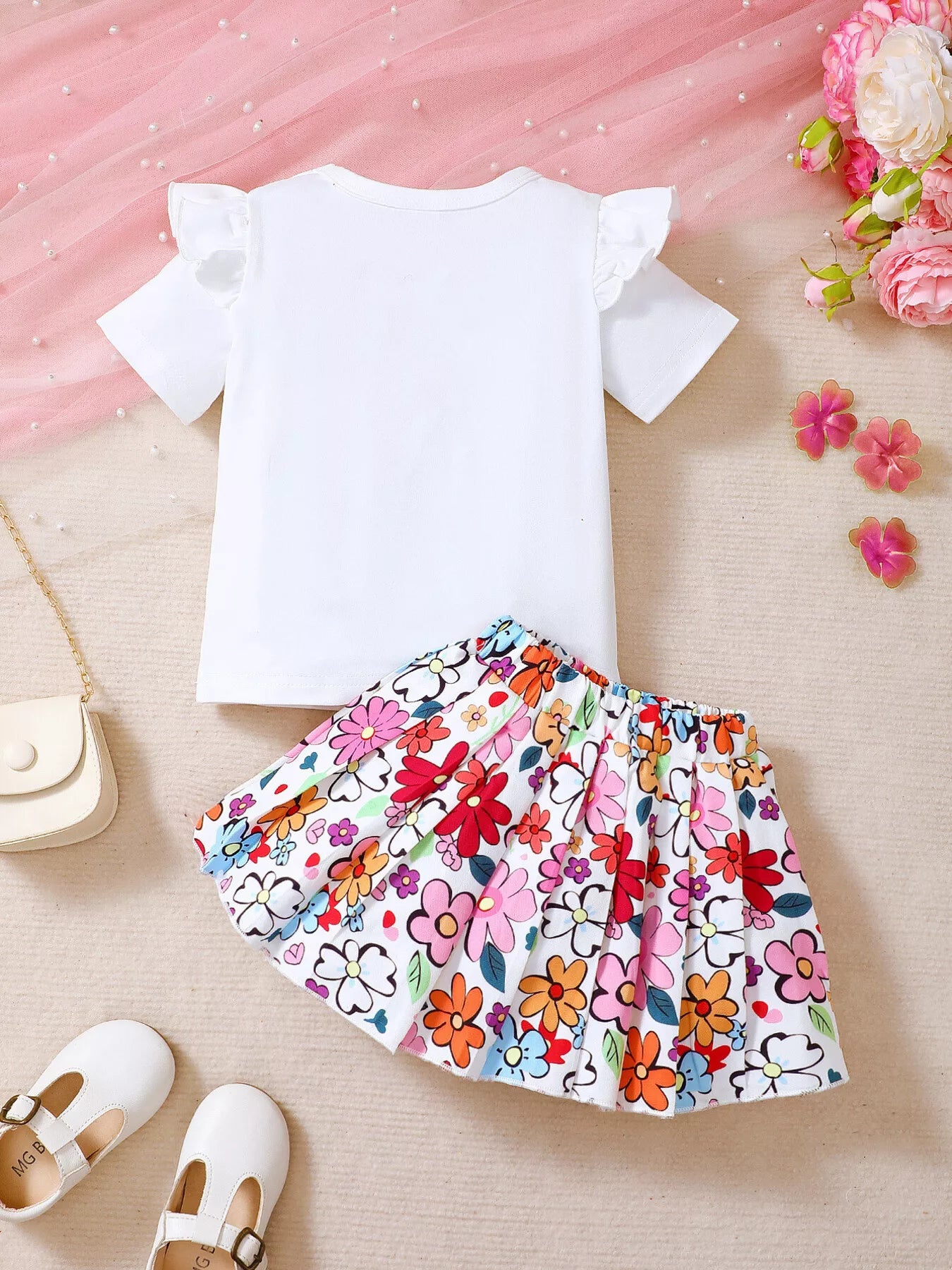 Children's Floral Graphic Ruffle Sleeve Top & Skirt Set - -