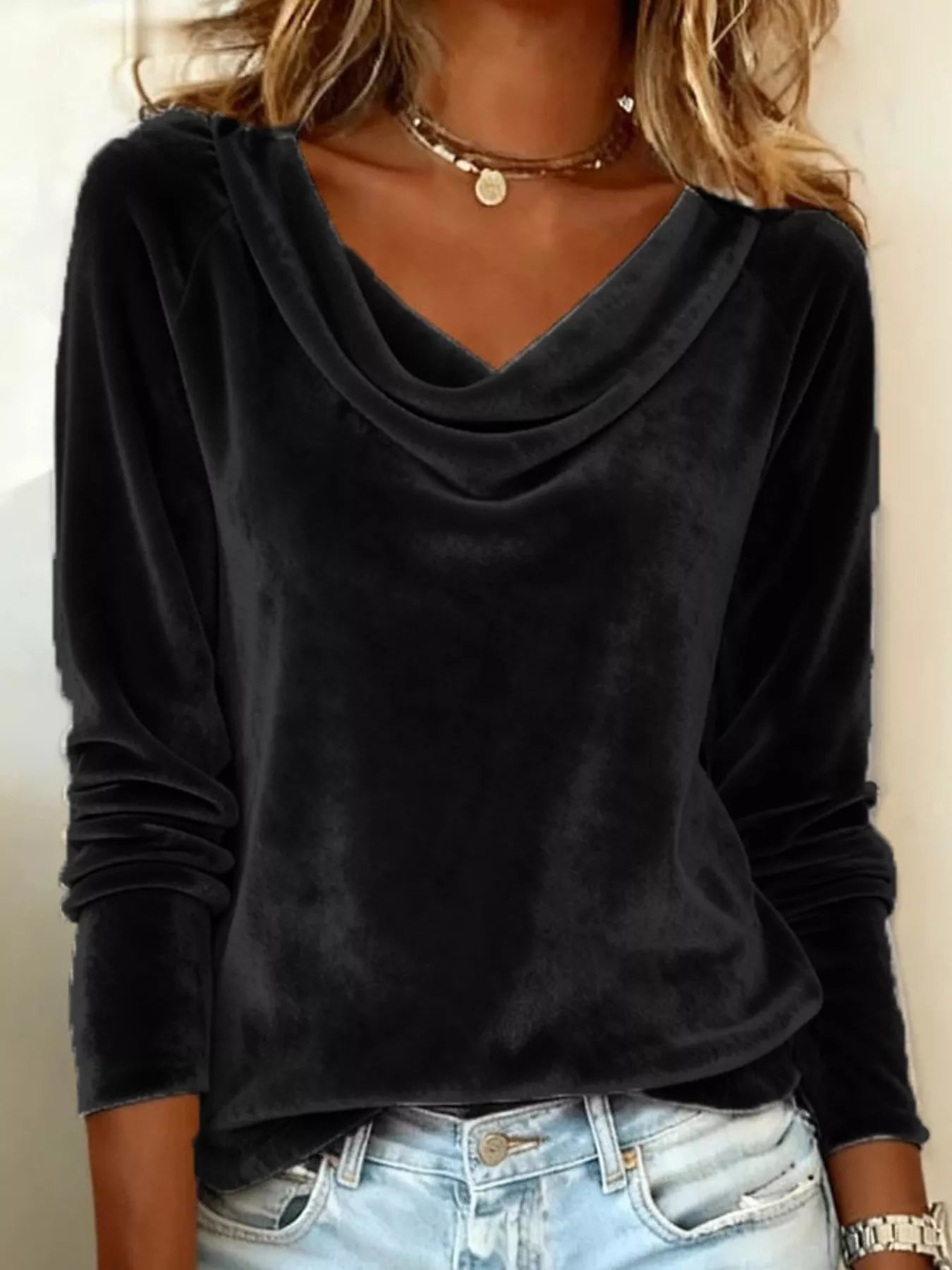 Velvet Cowl Neck Long Sleeve Shirt - - Tops/Blouses & Shirts